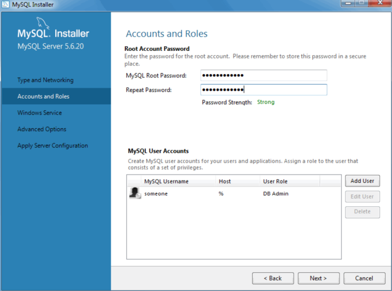 MySQL Installer - MySQL Server 구성 : 사용자 계정 및 역할 : 사용자 추가