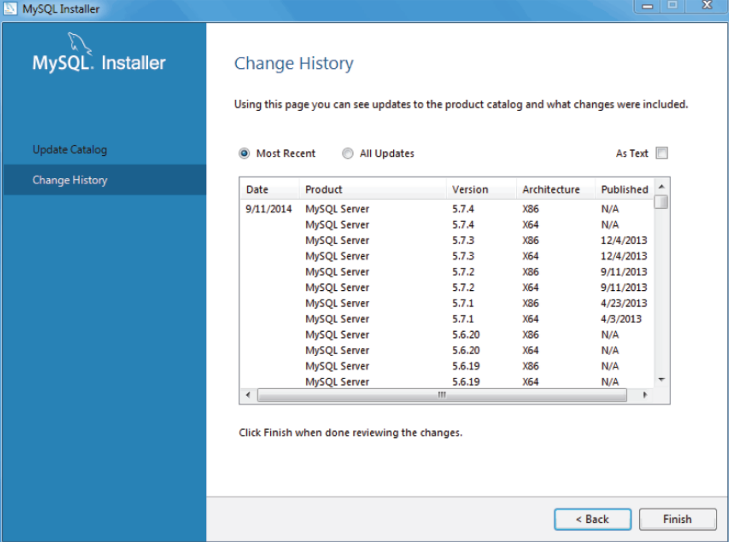 MySQL Installer - 카탈로그 변경 내역