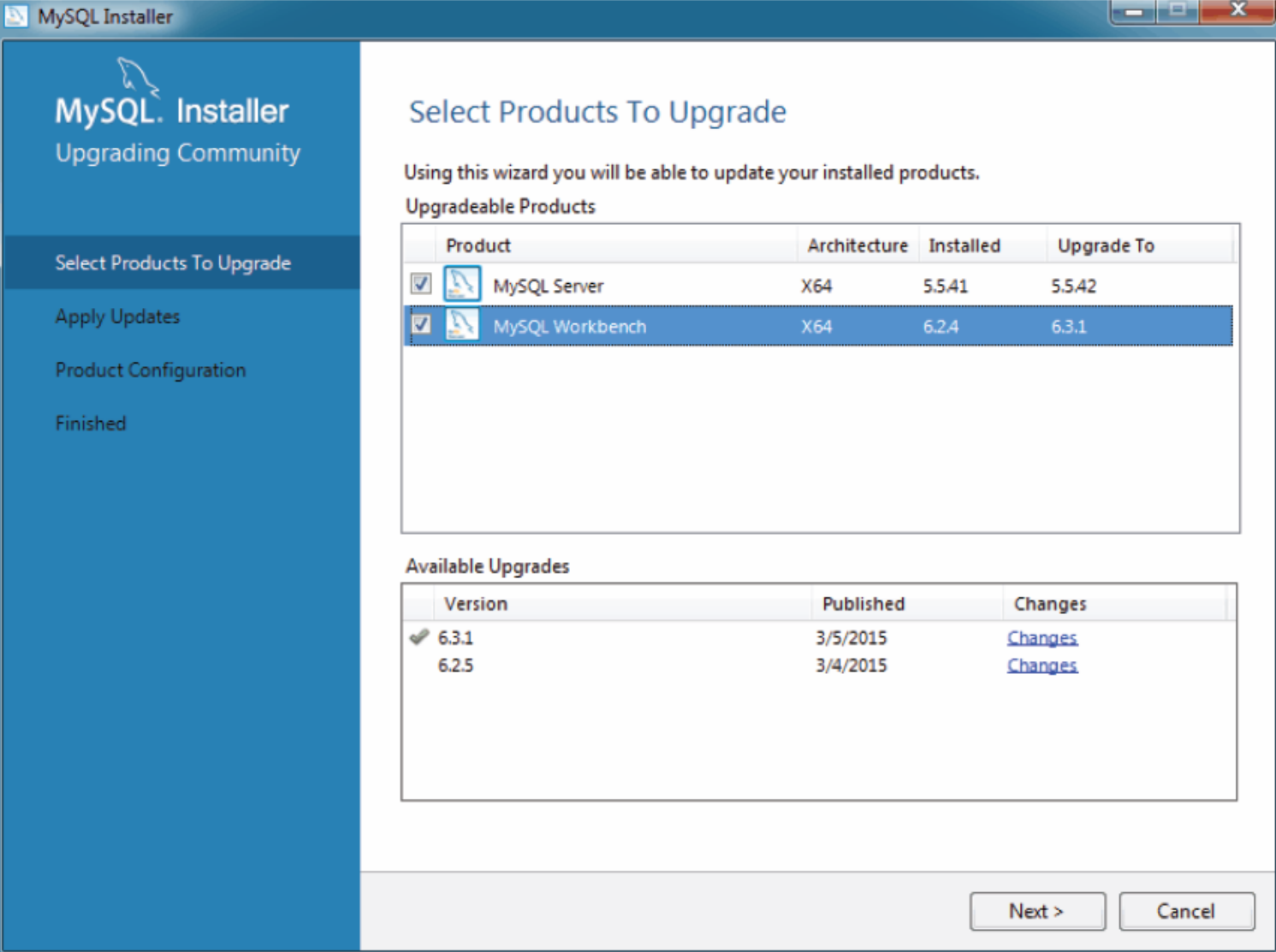 MySQL Installer - 업그레이드 제품 선택