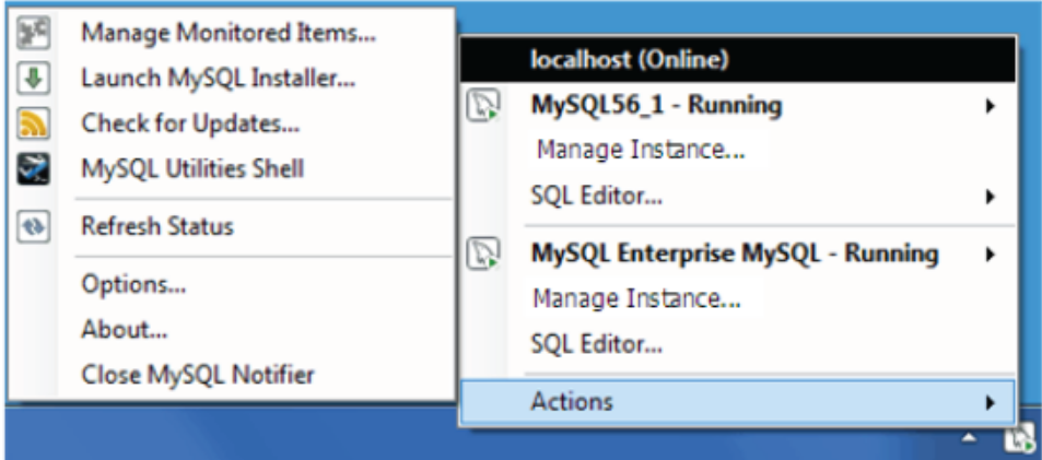 MySQL Notifier Actions 메뉴