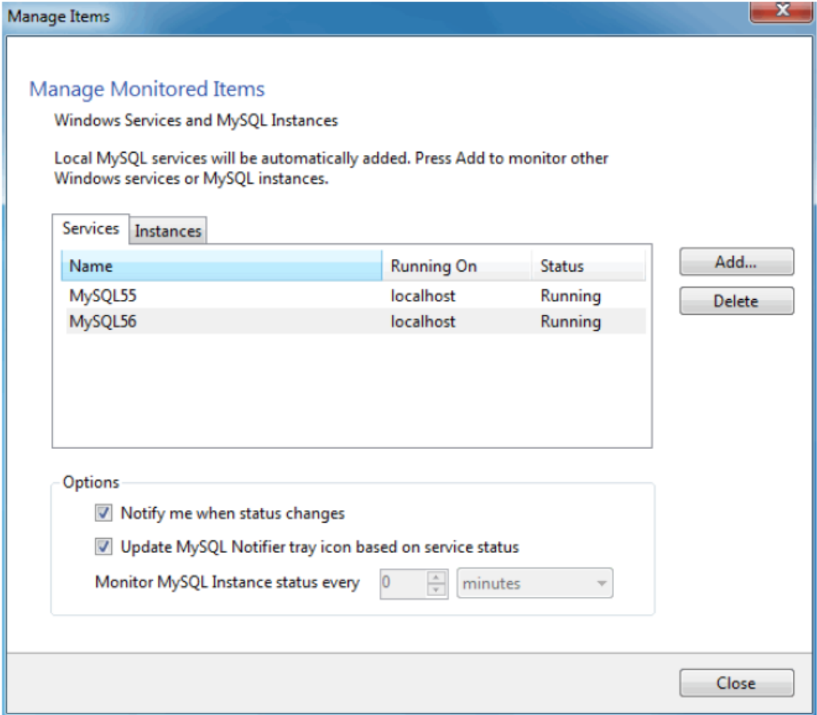 MySQL Notifier Manage Services 메뉴